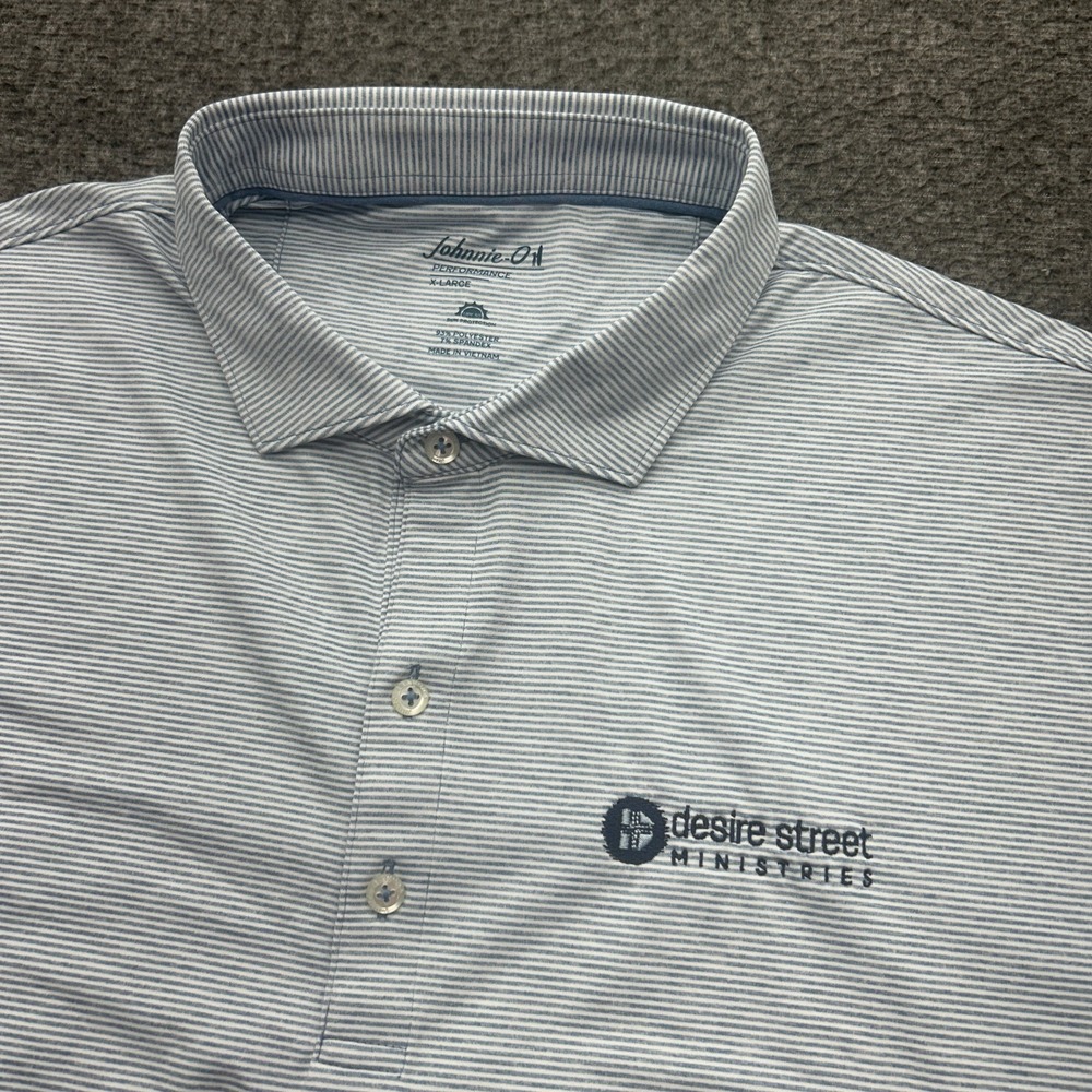 Johnnie O Polo Shirt Mens XL Blue Striped Performance Golf Ministries Eleven 22